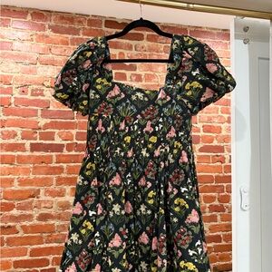Agua Bendita Puff-Sleeve Midi Dress - Black floral